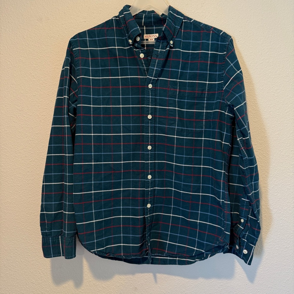 Merona Mens Flannel Shirt Medium Plaid Button Up Long Sleeve Casual